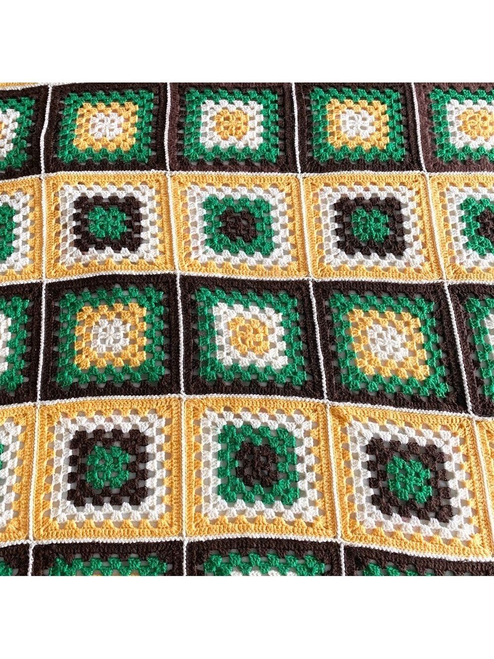 Vintage Granny Square Crochet Blanket Throw Green,Brown,Yellow 73”x61”